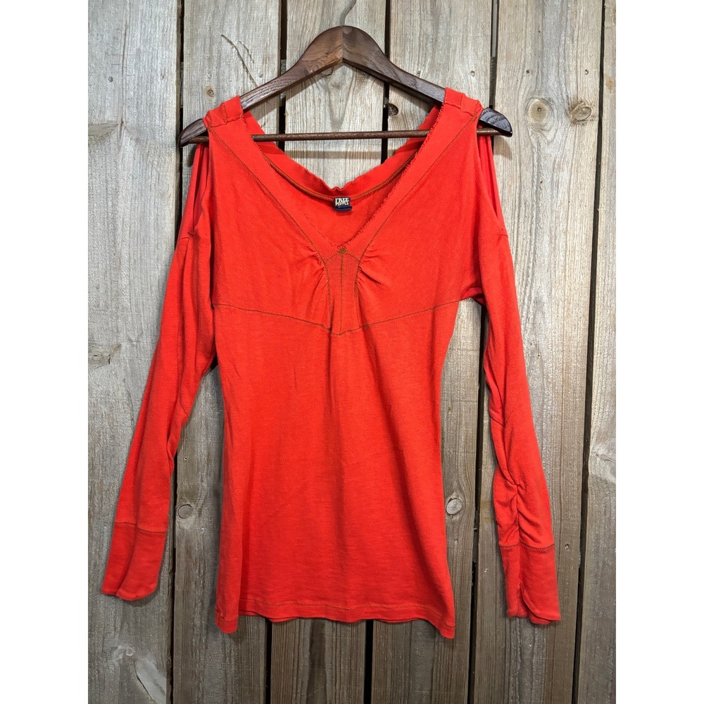 Free People Orange Red Cold Shoulder V-Neck Long Sleeve Cotton Top Medium